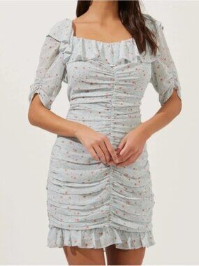 ASTR Floral Ditsy Mini Dress S Blue Ruched Ruffle Square Neck